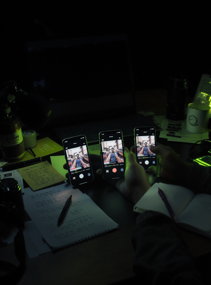 Creative engine control desk with phones, shot notes, and vertical video assets