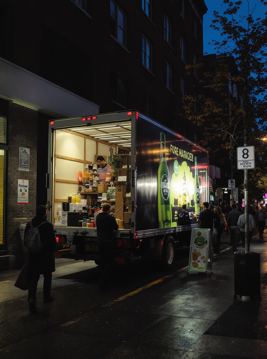 Street team and mobile media on a city sidewalk at dusk